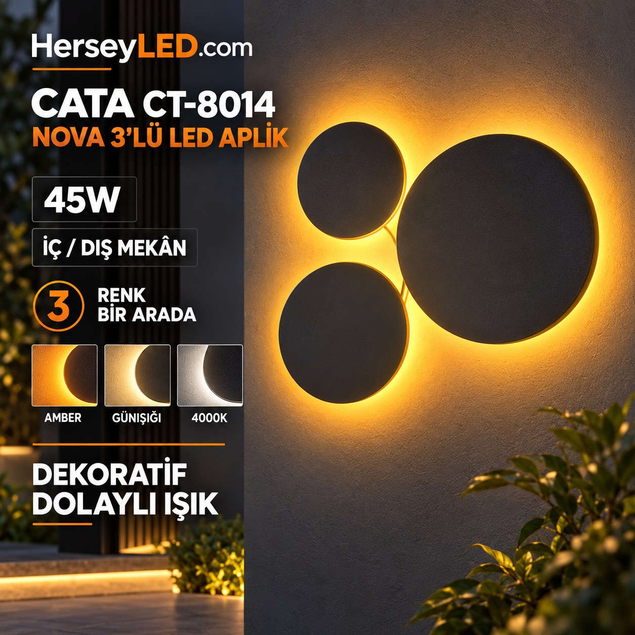 CATA CT-8014 Nova 45W 3'lü İç ve Dış Mekân LED Duvar Apliği – 3 Renk Işık – Antrasit Kasa