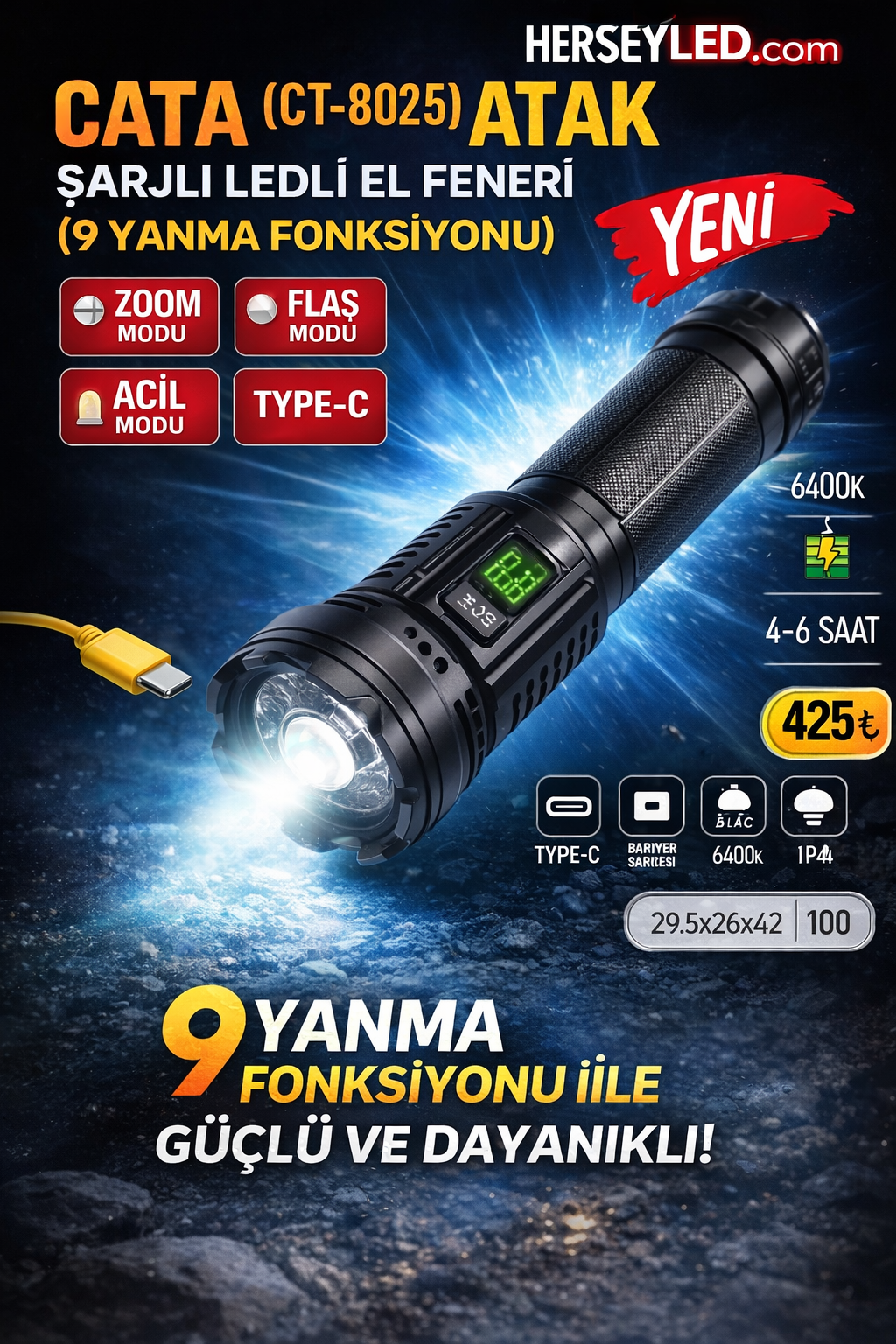 CATA (CT-8025) ATAK ŞARJLI LEDLİ EL FENERİ ( 9 YANMA FONKSİYONU)