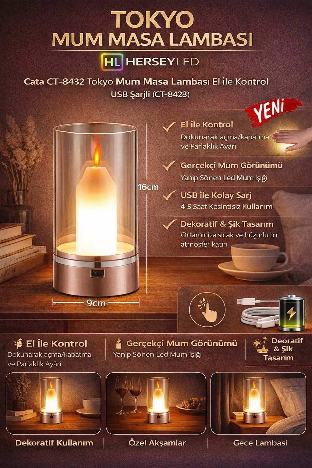 Cata CT-8432 Tokyo Mum Masa Lambası El İle Kontrol USB Şarjlı