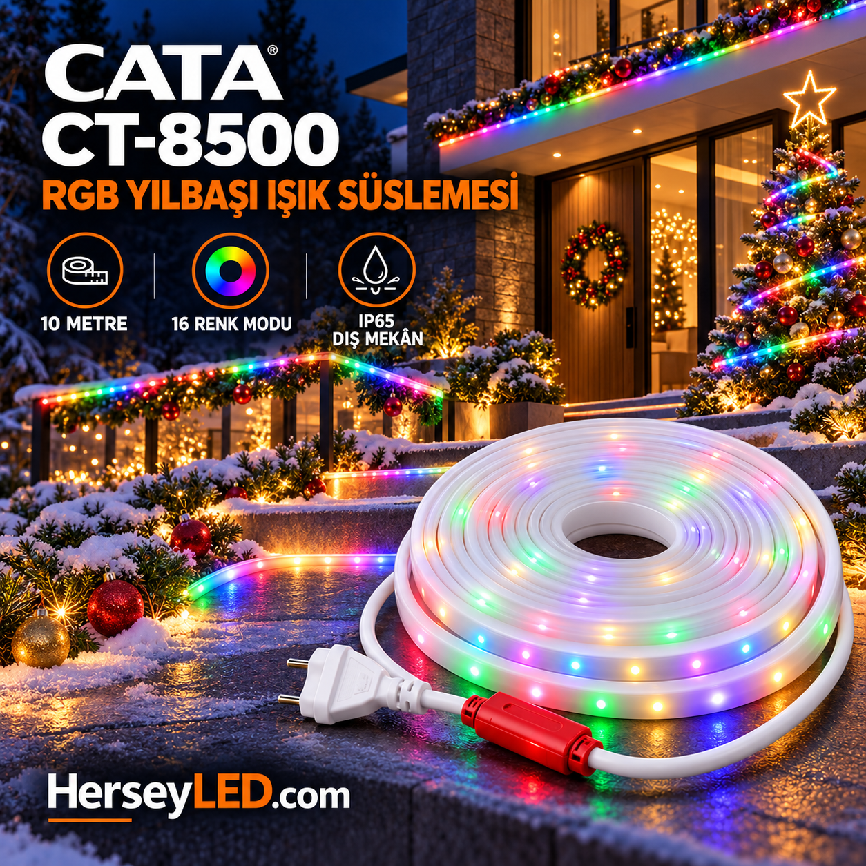 CATA CT-8500 10 Metre RGB LED Yılbaşı Işık Süslemesi – 16 Renk Modlu – IP65 Dış Mekân