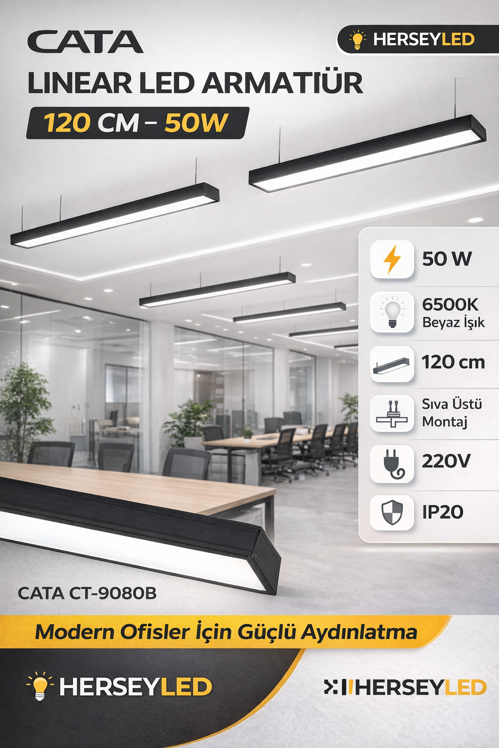 Cata CT-9080 50 Watt Sıva Üstü Linear Armatür 6500K BEYAZ  120 cm