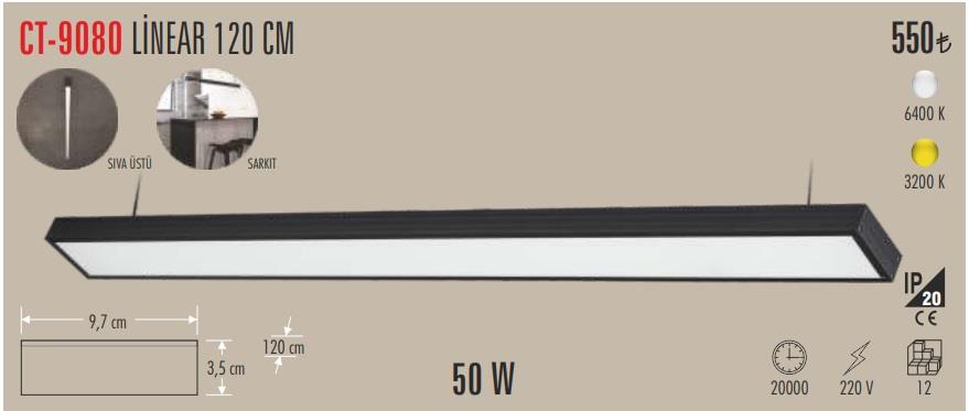 Cata CT-9080 50 Watt Sıva Üstü Linear Armatür 6500K BEYAZ  120 cm