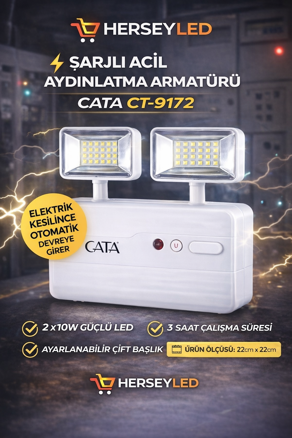 CATA CT-9172 Acil Aydınlatma Armatürü - 2x10W LED - Şarjlı Acil Durum Lambası  #124;-3 Saat Çalışma Süresi