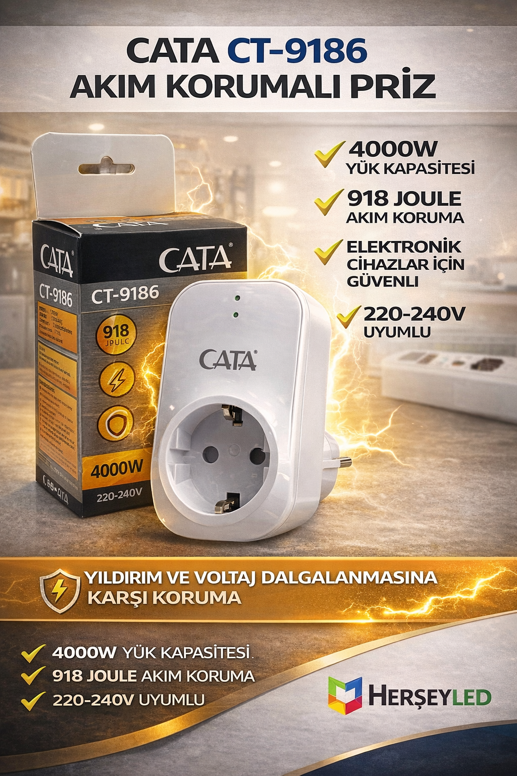 Cata CT-9186 4000W 918 Joule Akım Korumalı Priz
