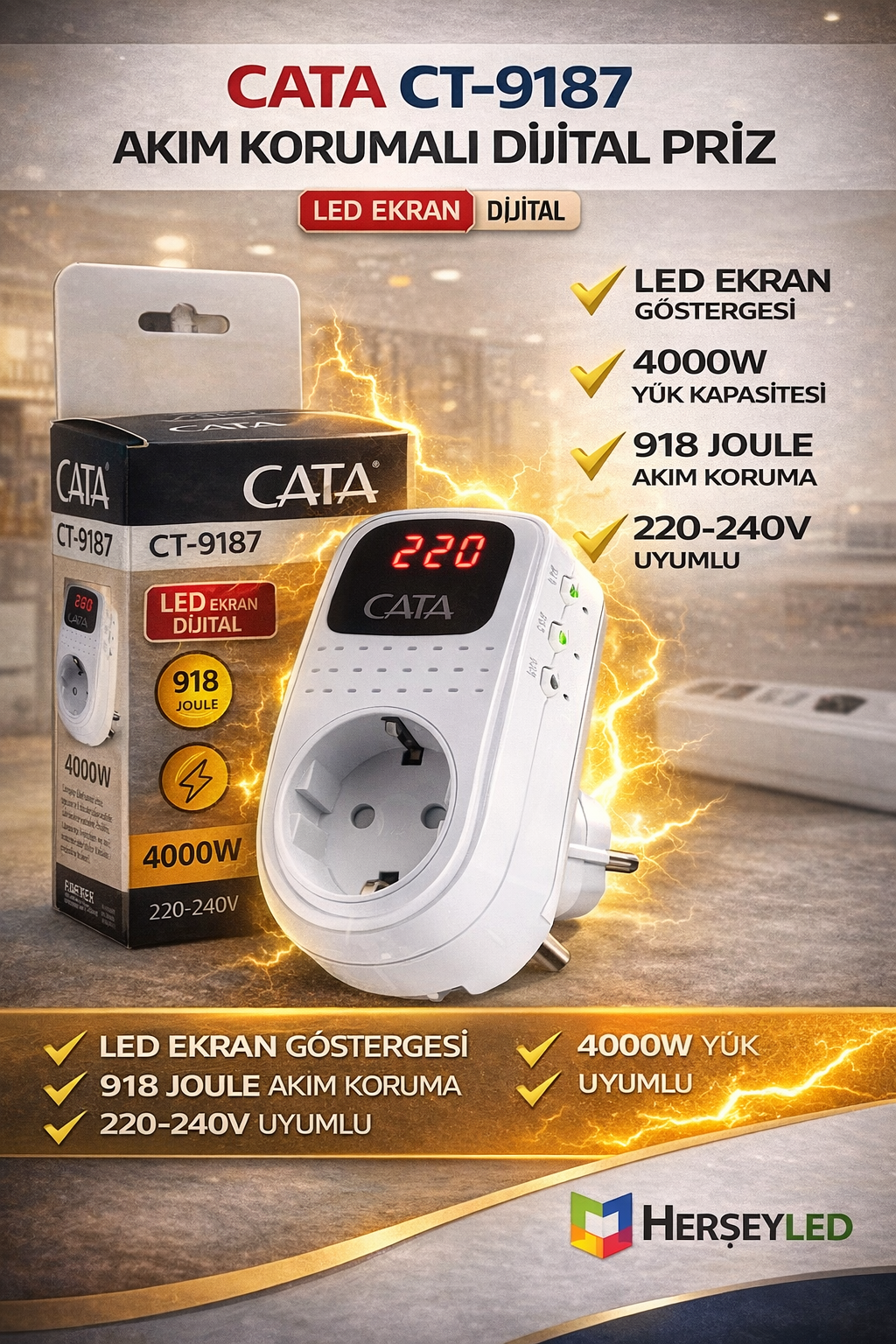 CATA CT-9187 AKIM KORUMALI DİJİTAL PRİZ  4000W LED EKRAN