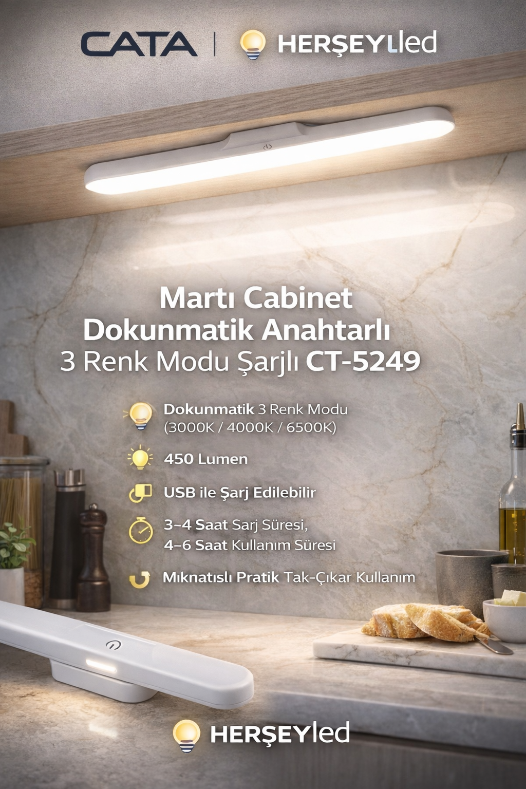 CATA Martı Cabinet Dokunmatik Anahtarlı 3 Renk Modu şarjlı CT-5249