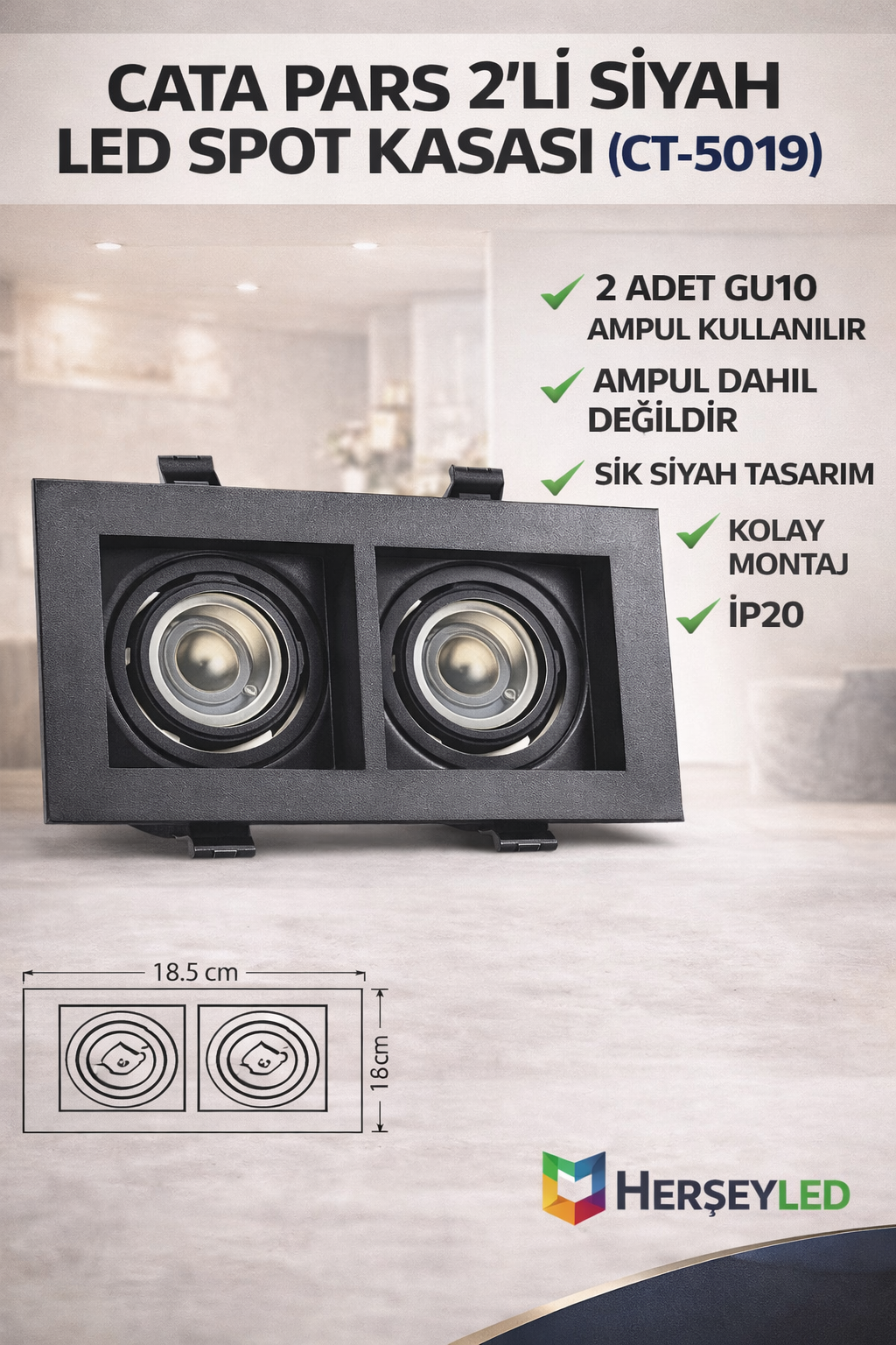 CATA PARS 2Lİ SİYAH LED SPOT KASASI ( CT-5019 )