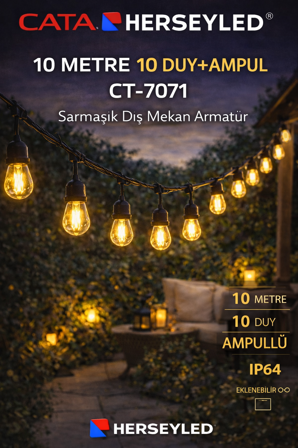 Cata Sarmaşık Dış Mekan Armatür CT-7071 10 Metre 10 Duy ve AMPUL DAHİL