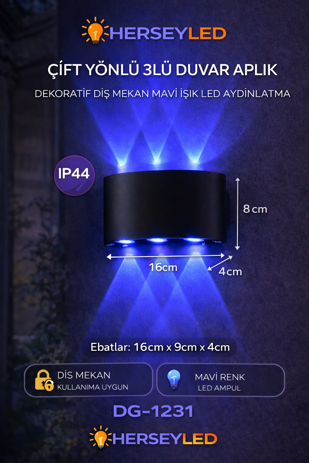 ÇIFT YÖNLÜ 3LÜ DUVAR APLIK DEKORATIF DIŞ MEKAN MAVI LED AYDINLATMA