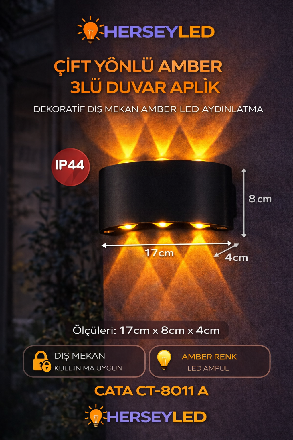 ÇİFT YÖNLÜ AMBER 3LÜ DUVAR APLİK DEKORATİF DIŞ MEKAN AMBER LED AYDINLATMA