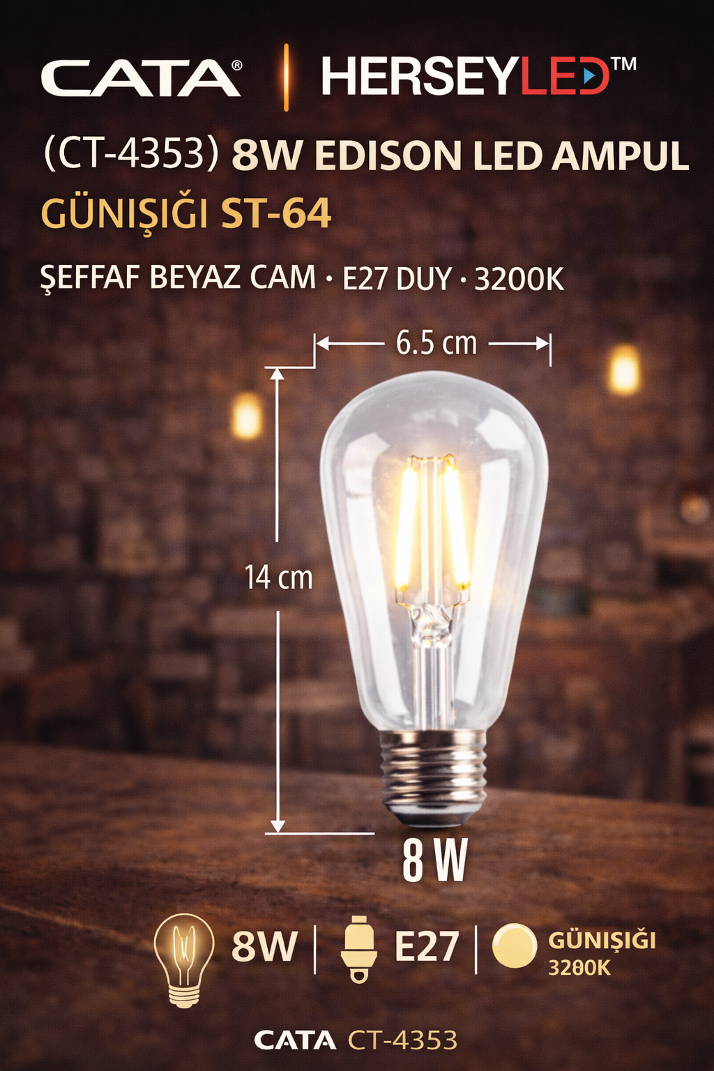 CT-4353 8W EDİSON LED AMPUL GÜNIŞIĞI ST-64 CATA