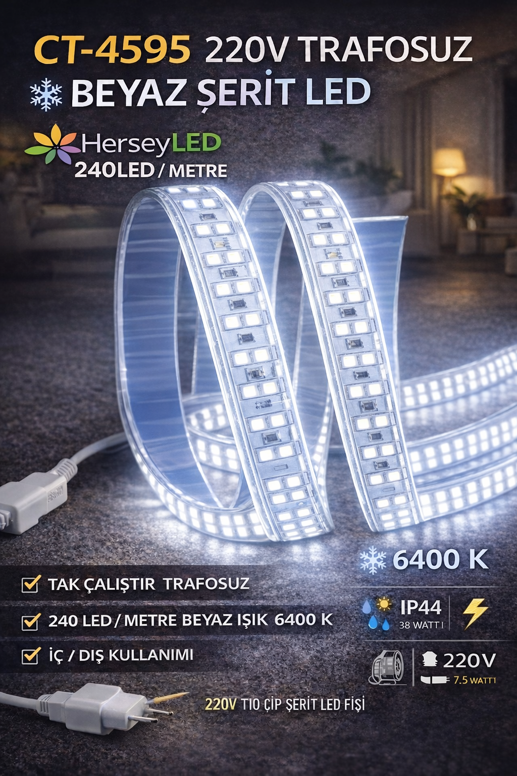 CT-4595 220V 240LEDLİ BEYAZ IŞIK 6500K DIŞ MEKAN ŞERİT LED ( 1 METRE ) CATA