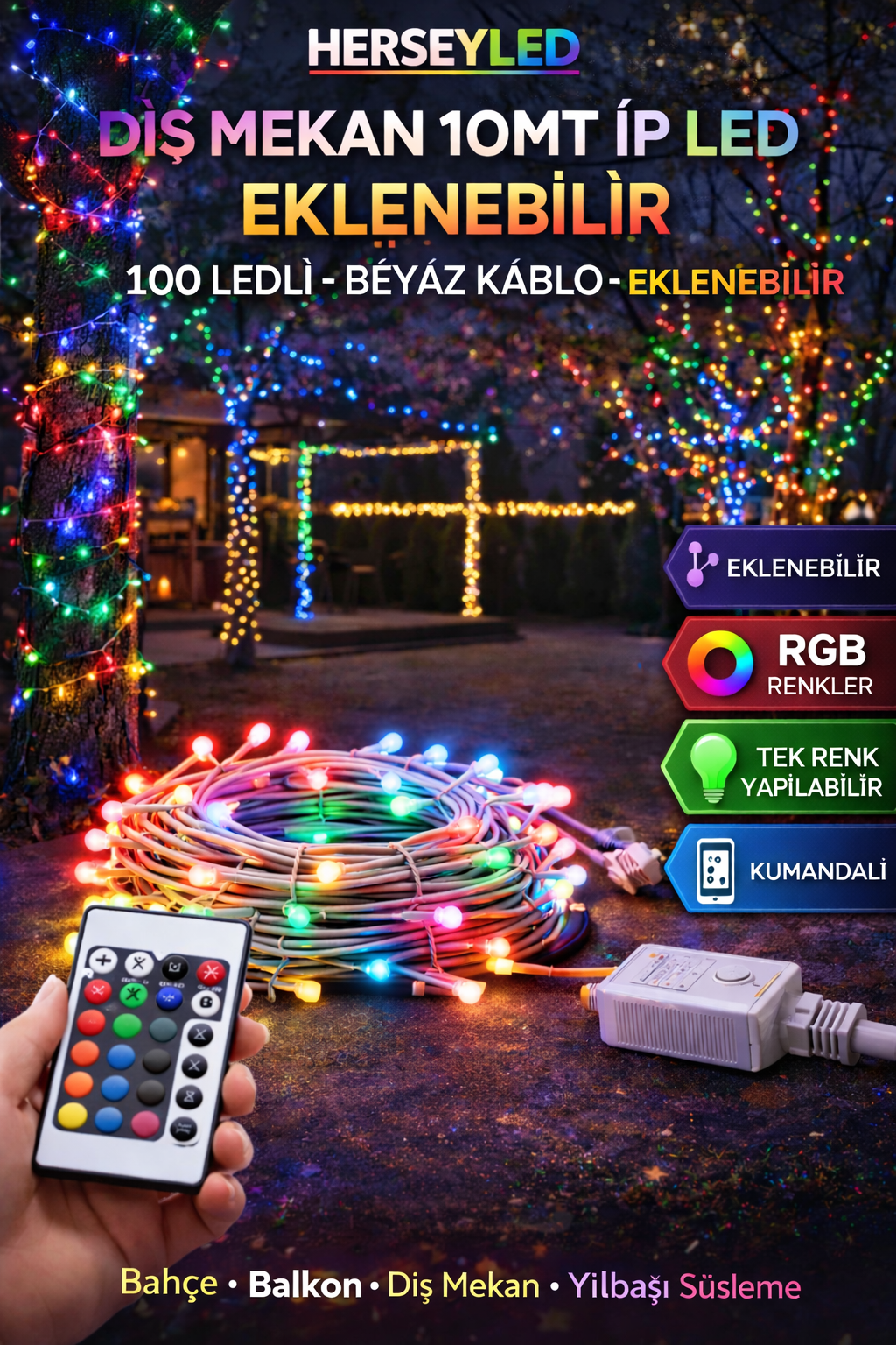Dış Mekan 10mt İp led Eklenebilir 100 ledli - BEYAZ kablo - EKLENEBILIR - istenirse Tek Renk yapılabilir-  RGB  ( Kumandalı )