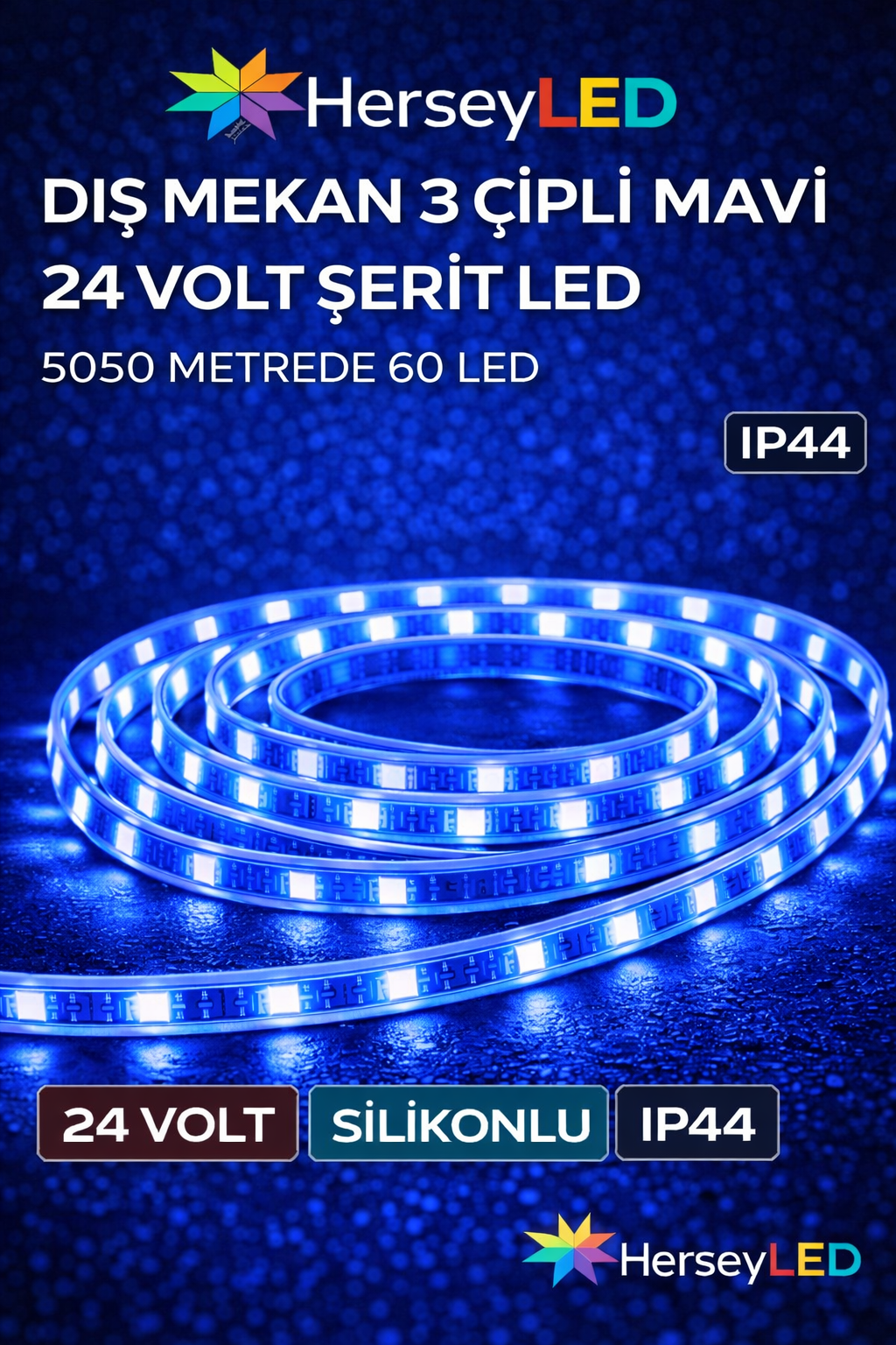 DIŞ MEKAN 3 ÇİPLİ MAVİ 24 VOLT ŞERİT LED 5050 METREDE 60 LED