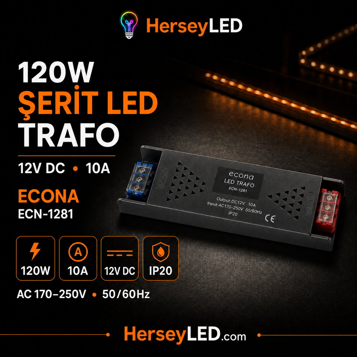 ECONA ECN-1281 12V LED TRAFOSU 10 AMPER 120W