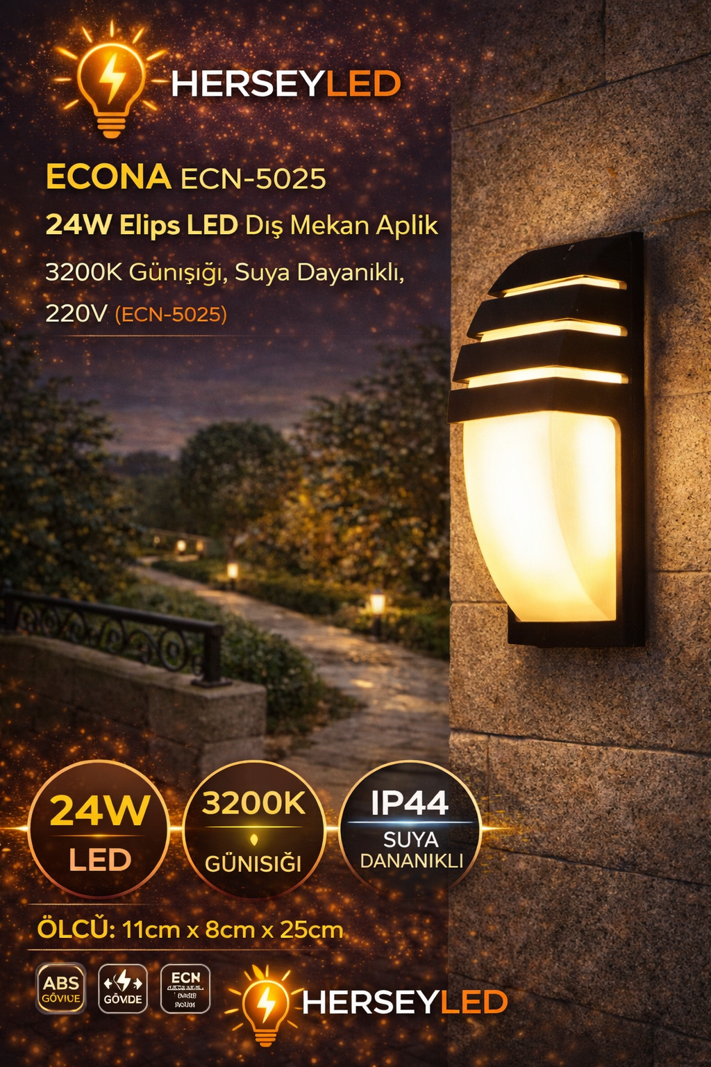 ECONA ECN-5025 24W Elips LED Dış Mekan Aplik – 3200K Günışığı, Suya Dayanıklı, 220V