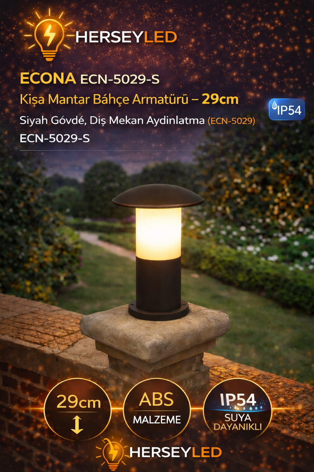 ECONA ECN-5029-S Kısa Mantar Bahçe Armatürü – 29 cm, Siyah Gövde, Dış Mekan Aydınlatma
