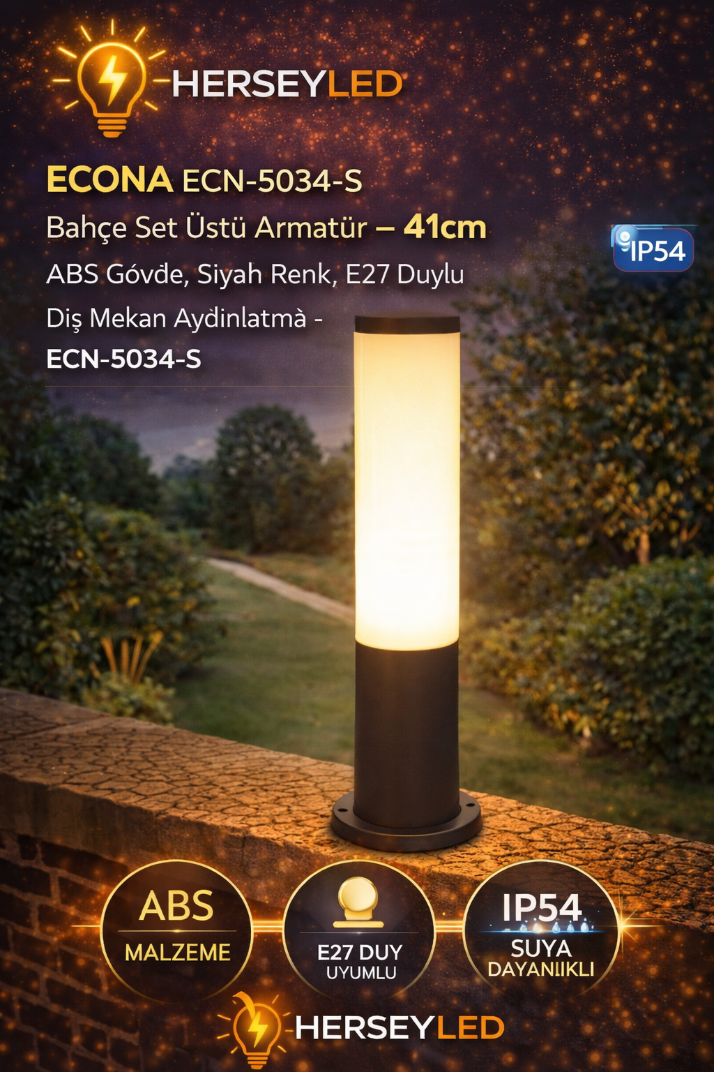 ECONA ECN-5034-S Bahçe Set Üstü Armatür – 41cm, ABS Gövde, Siyah Renk, E27 Duylu Dış Mekan Aydınlatma