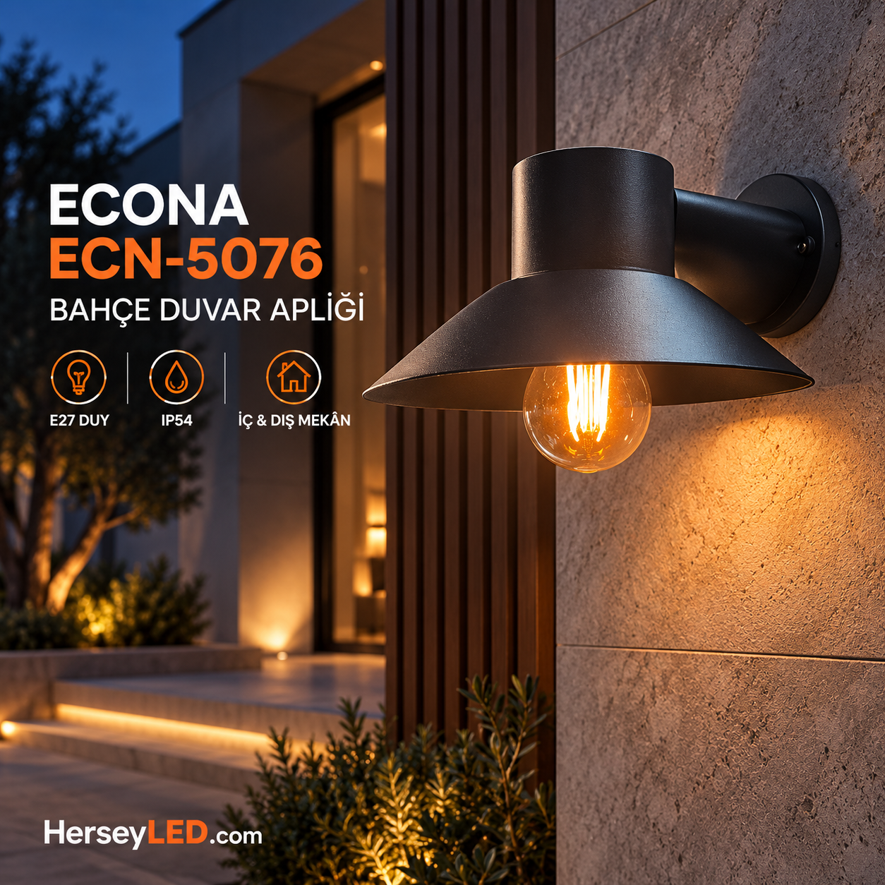 ECONA ECN-5076 E27 Duylu IP54 Bahçe Duvar Apliği – Antrasit Kasa