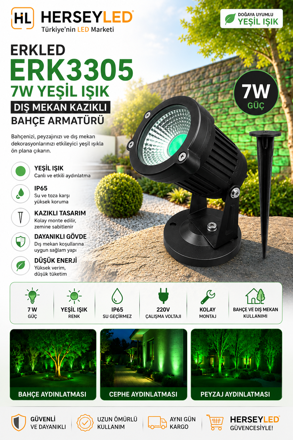 Erkled ERK-3305 7W Yeşil Işık IP65 Dış Mekan Kazıklı Bahçe Armatürü