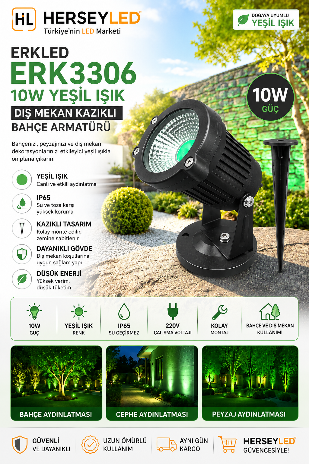 Erkled ERK-3306 10W Yeşil Işık IP65 Dış Mekan Kazıklı Bahçe Armatürü