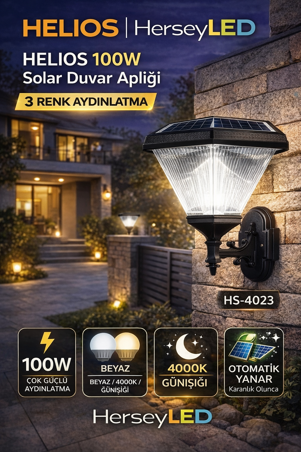 HELIOS 100W 3RENK (BEYAZ+4000K+GÜNIŞIĞI) LED SOLAR APLİK HS-4023
