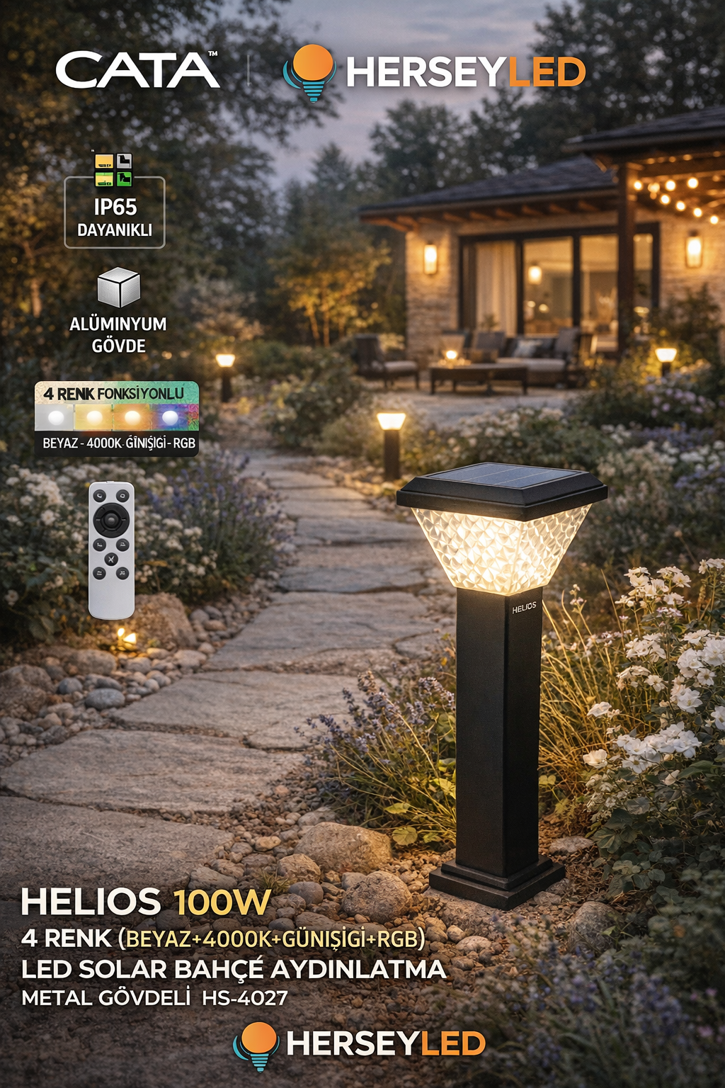 HELIOS 100W 4RENK (BEYAZ+4000K+GÜNIŞIĞI+RGB) LED SOLAR BAHÇE AYDINLATMA METAL GÖVDELİ  HS-4027