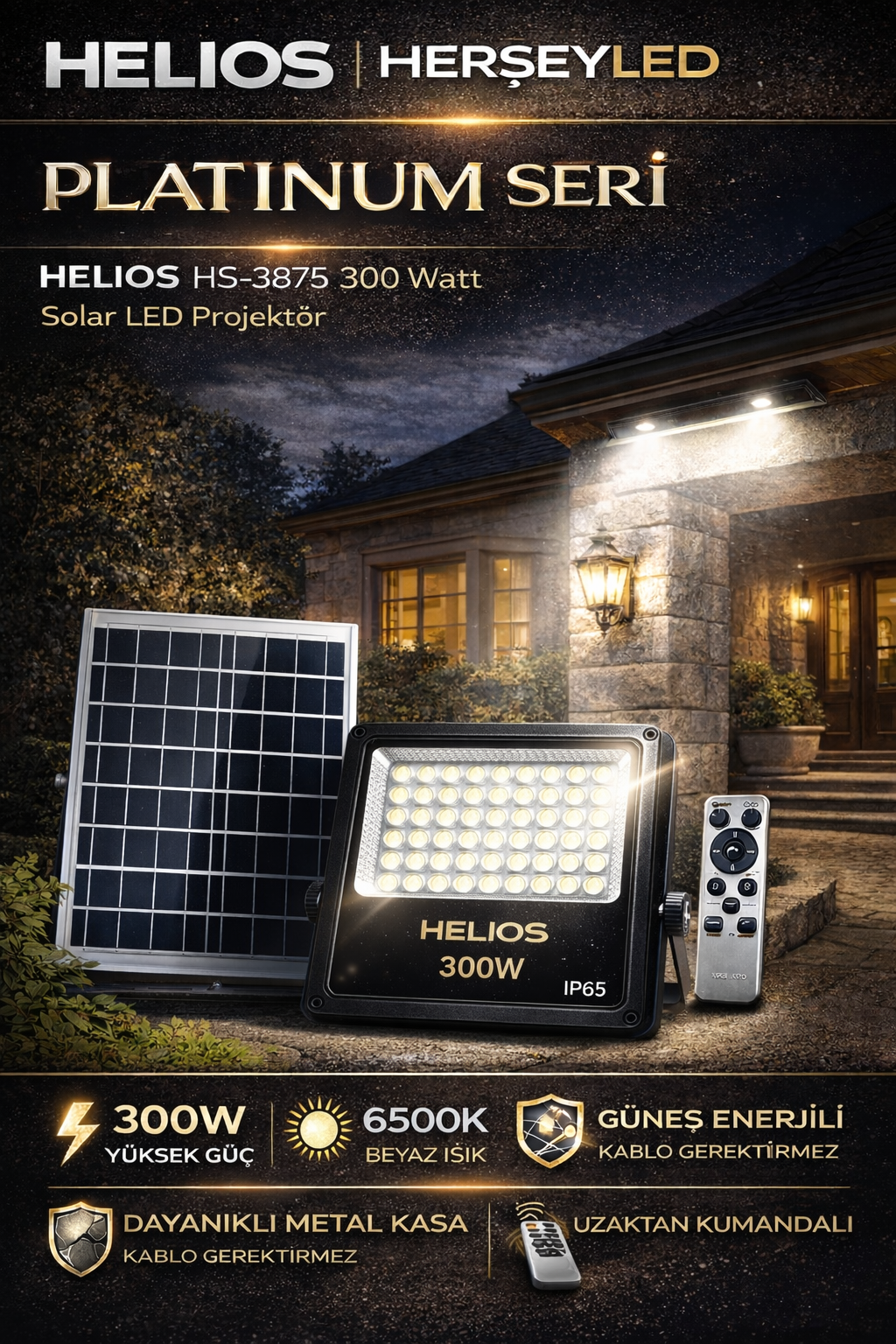HELIOS  300 Watt Solar Proejktör - Beyaz Işık (6500K) HS-3876