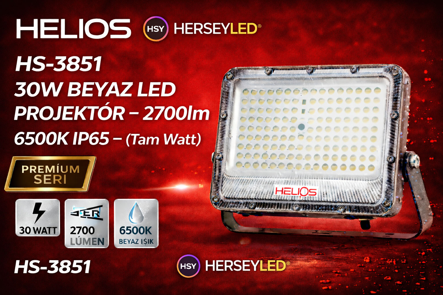 HELIOS HS-3851 30W Beyaz LED Projektör – 2700lm 6500K IP65 – (Tam Watt )