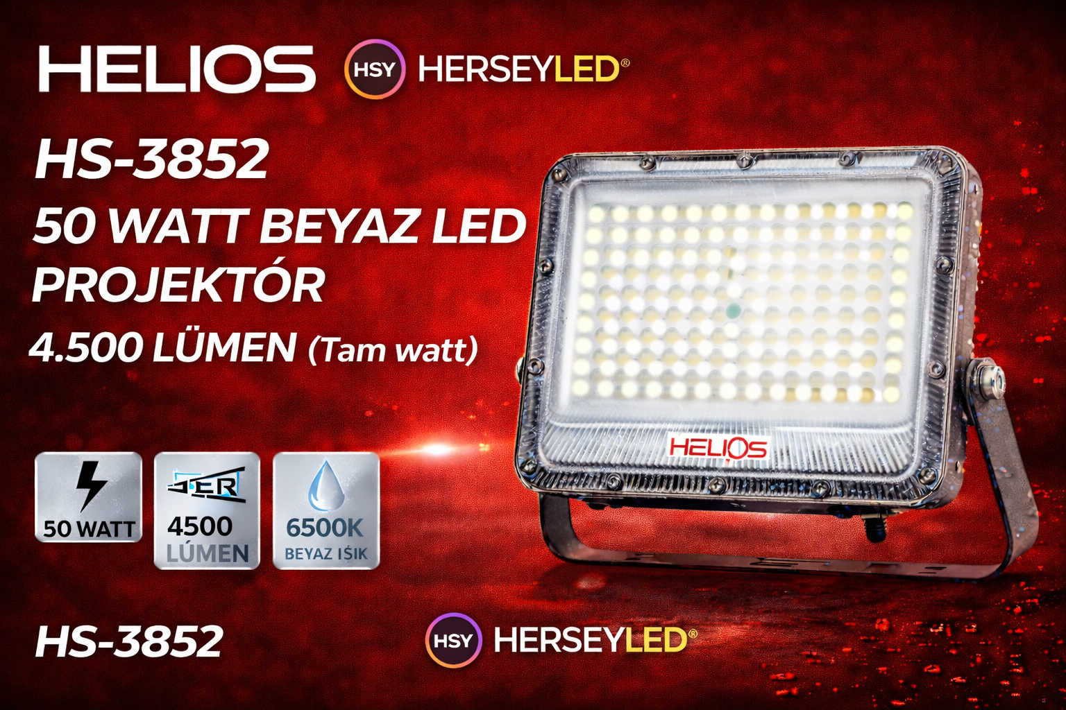 HELIOS HS-3852 50 WATT BEYAZ LED PROJEKTÖR 4.500 LÜMEN (Tam watt)