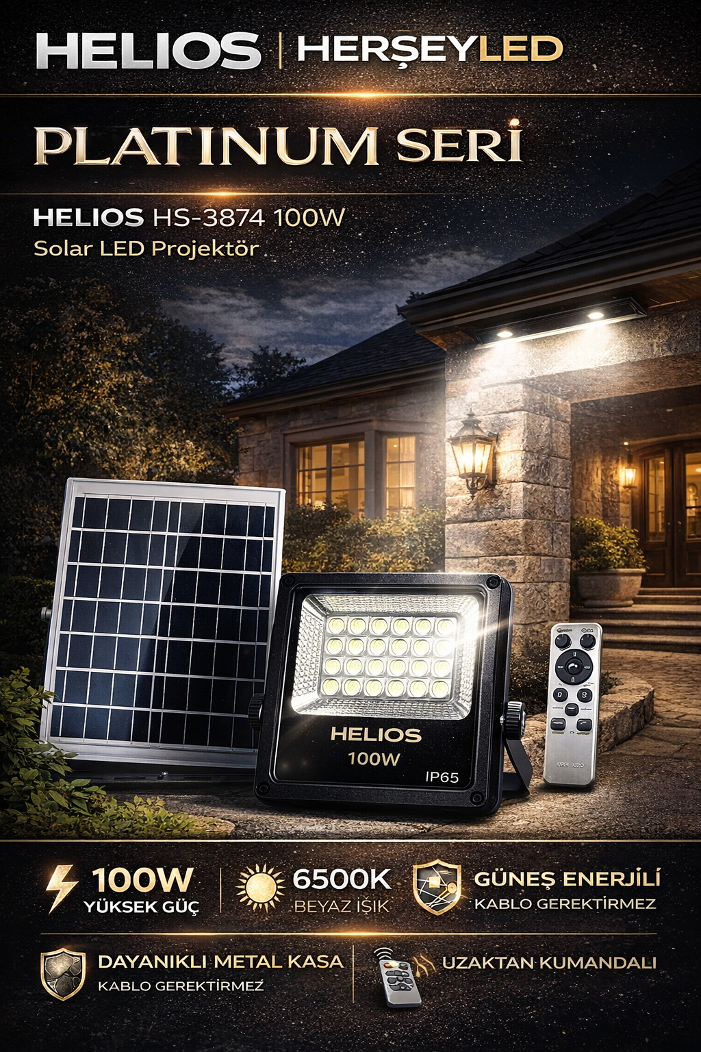 HELIOS HS-3874 100W Solar LED Projektör – 6500K Beyaz Işık, Güneş Enerjili, Su Geçirmez