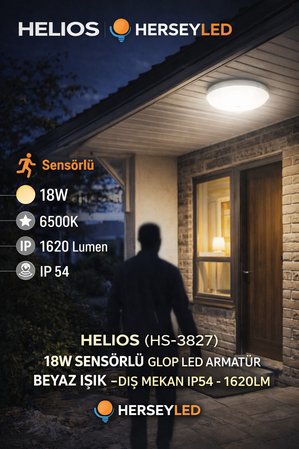 HELIOS (HS-5880) 18W SENSÖRLÜ GLOP LED ARMATÜR BEYAZ IŞIK -DIŞ MEKAN IP54 - 1620LM
