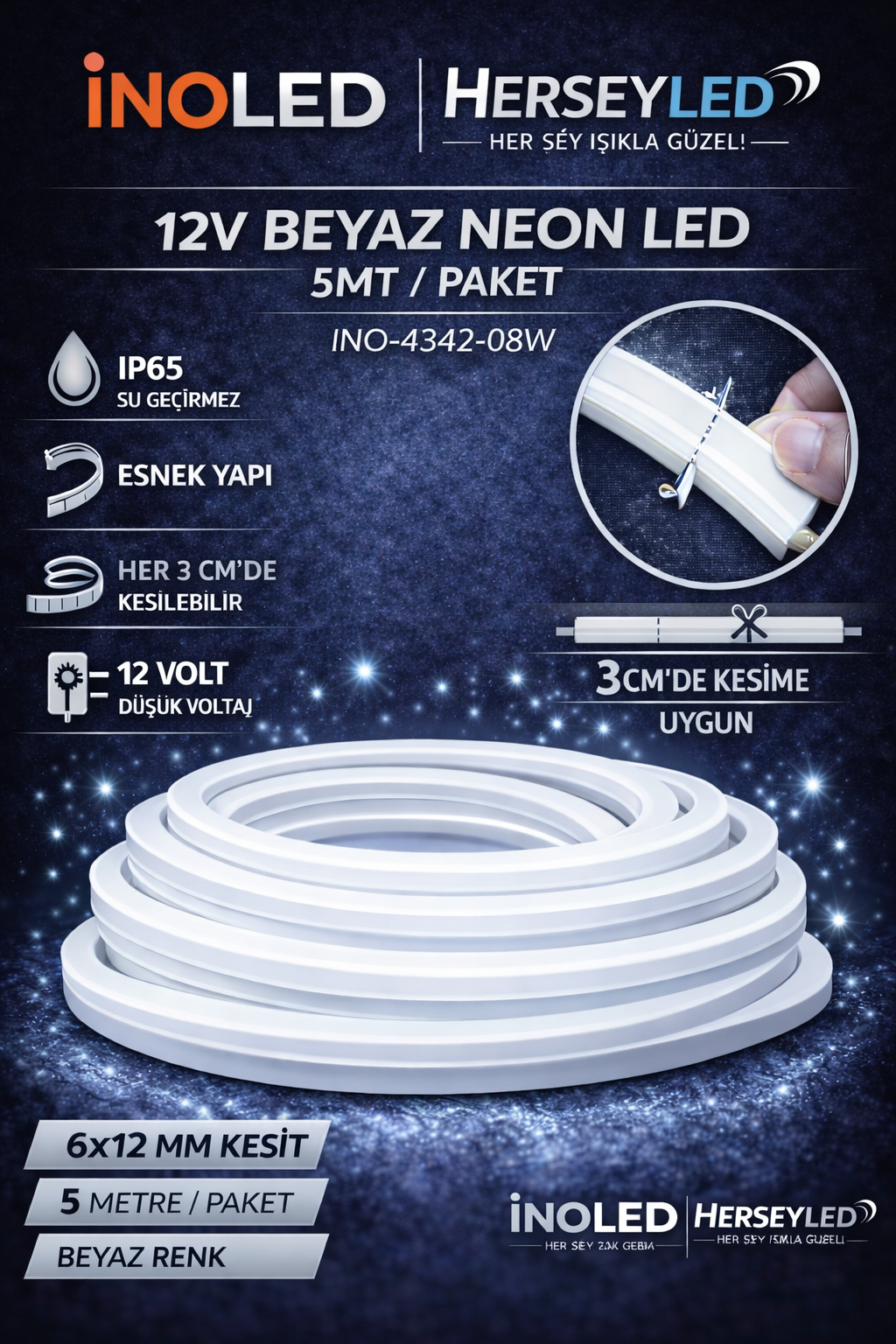 İNOLED 12V NEON BEYAZ 5MT / PAKET 6X12MM