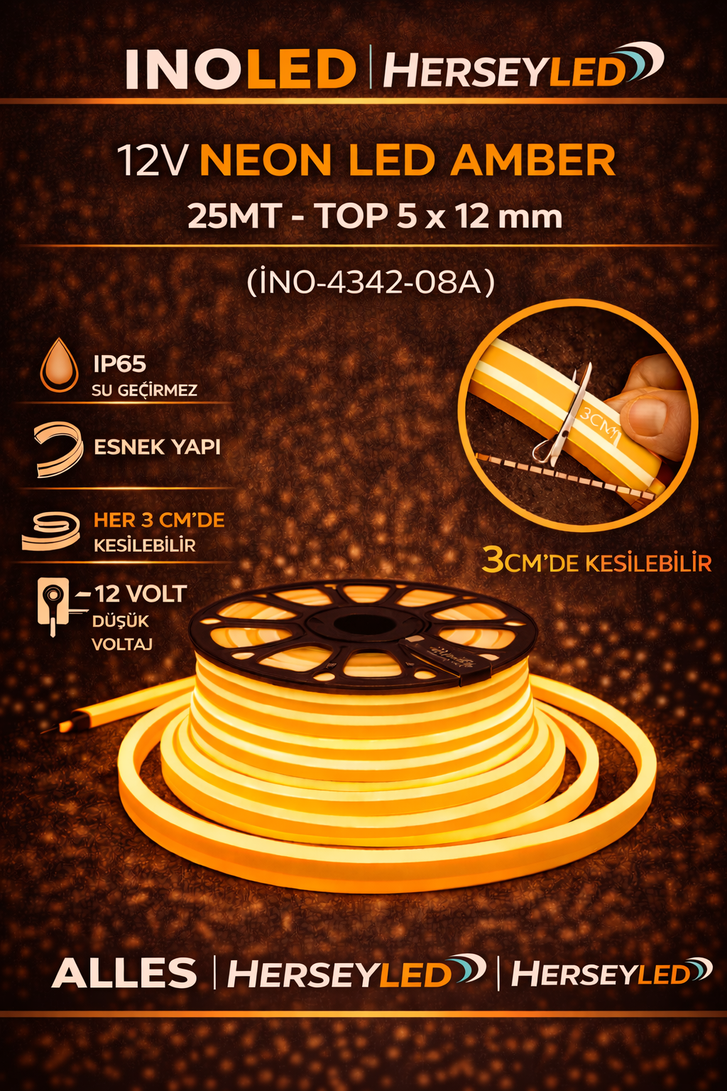 İNOLED 12V NEON LED AMBER   25MT - TOP 5 x 12 mm