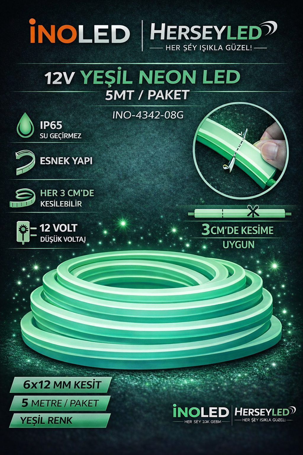 İNOLED 12V NEON YEŞİL 5MT / PAKET 6X12MM İNO-4342-08Y