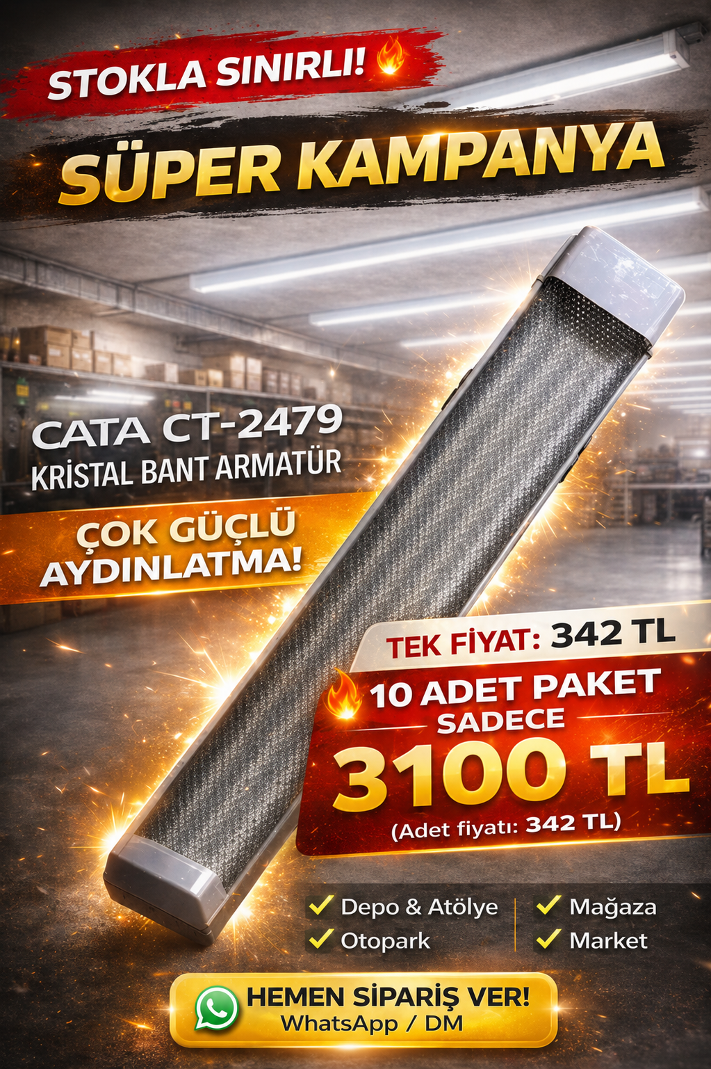 KAMPANYA-10 ADET CATA CT 2479 Kristal Led Bant Armatür 100W 120CM 6400K Beyaz Işık