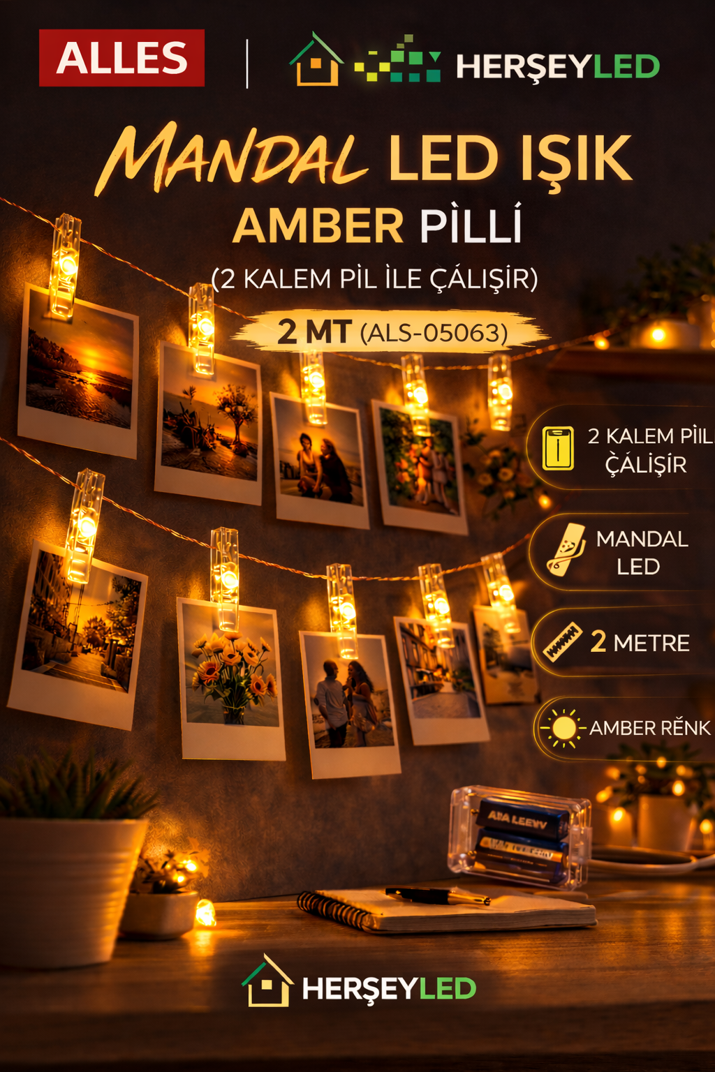 MANDAL LED IŞIK AMBER PİLLİ 2 MT