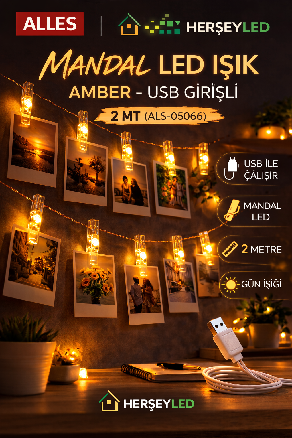 MANDAL LED IŞIK AMBER - USB 2 MT