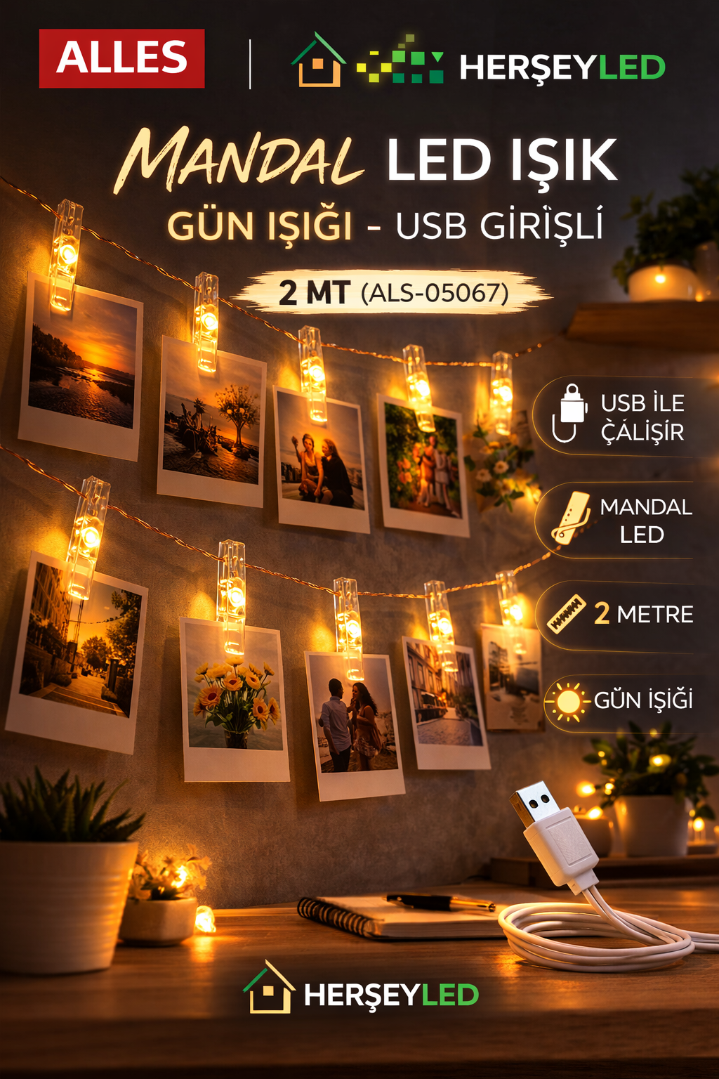 MANDAL LED IŞIK GÜN IŞIĞI - USB 2 MT