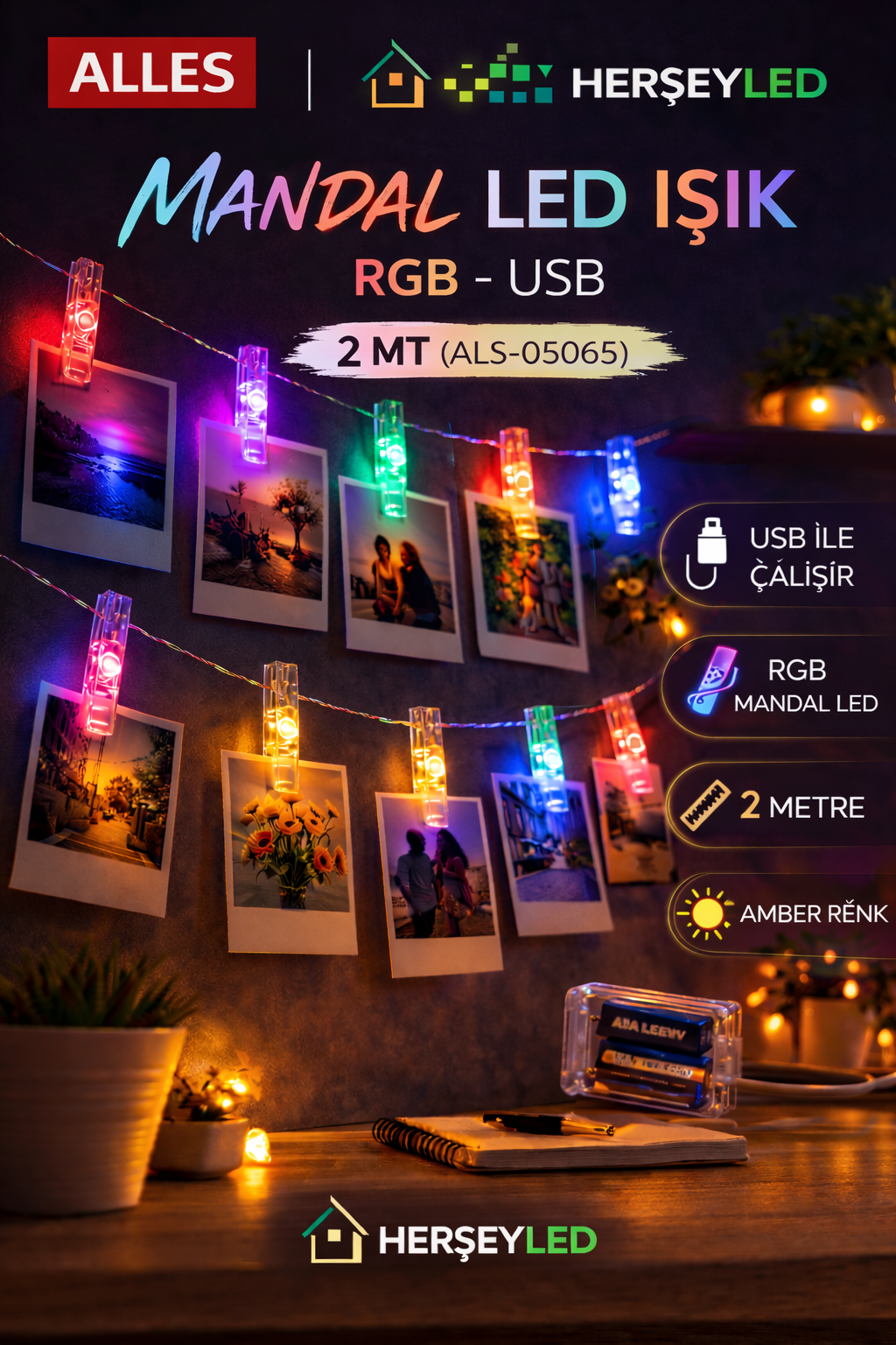 MANDAL LED IŞIK RGB - USB 2 MT