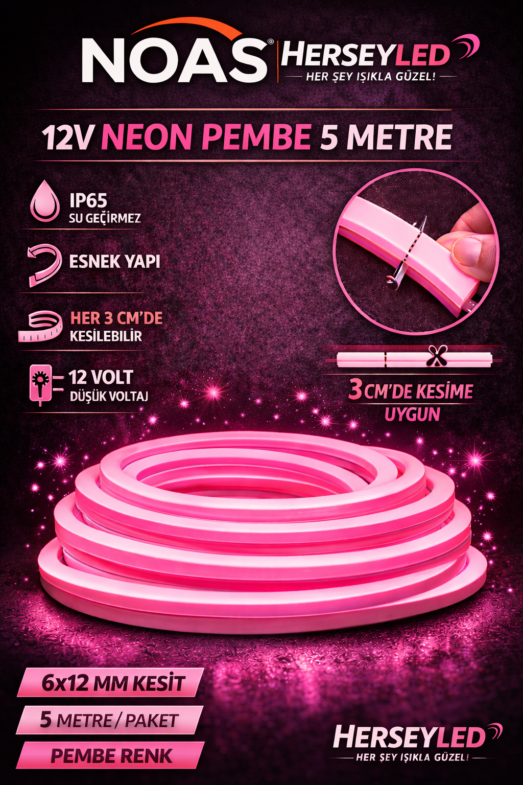 NOAS 12V NEON PEMBE 5MT / PAKET 6X12MM YL42-0128