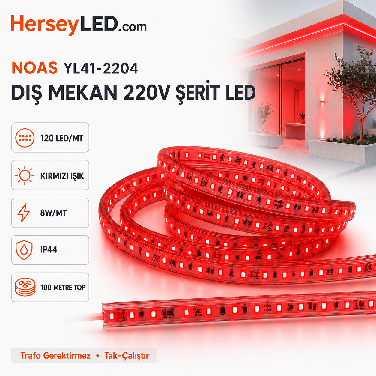 NOAS  220V 120 LEDLİ TRAFOSUZ ŞERİT LED KIRMIZI YL41-2204
