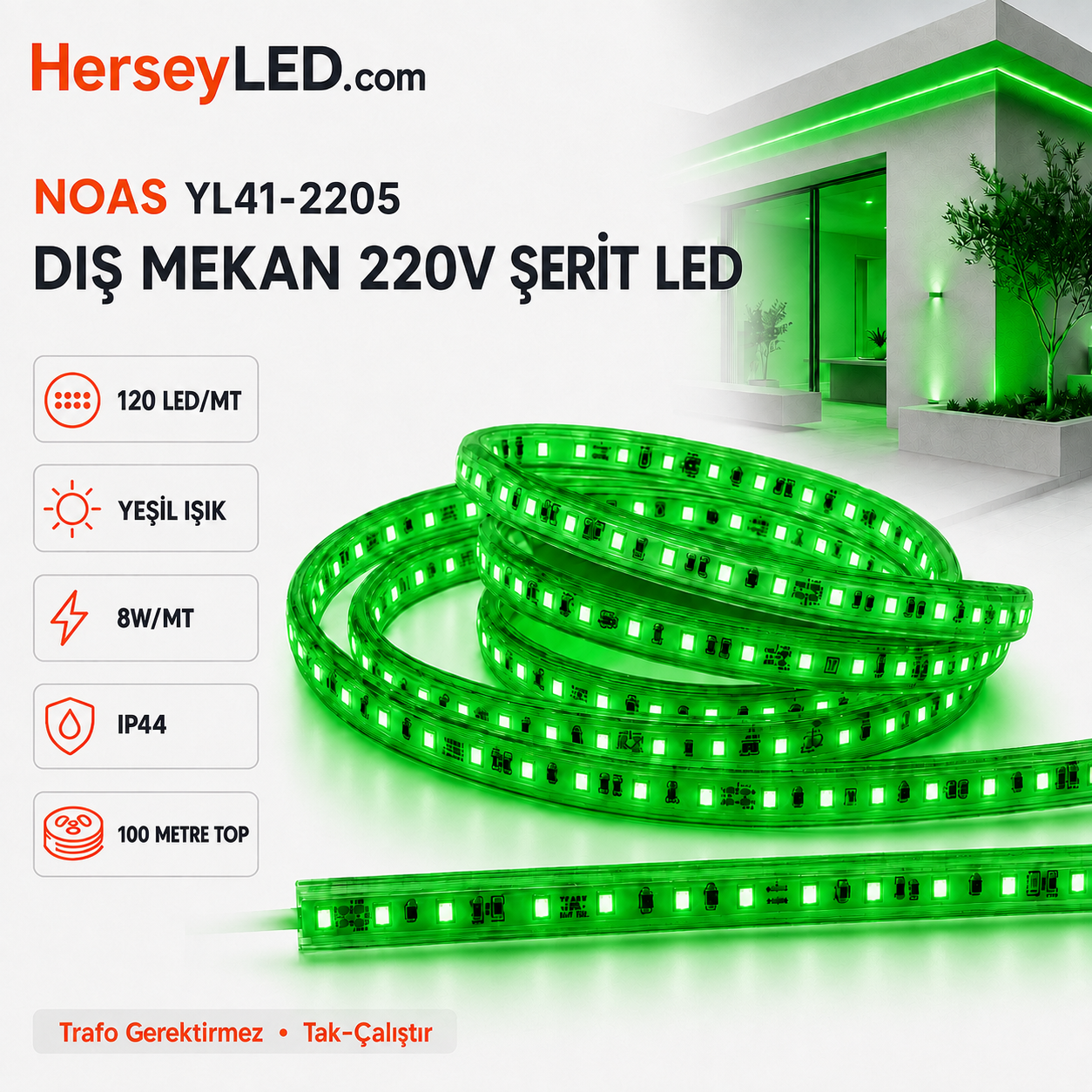 NOAS  220V 120 LEDLİ TRAFOSUZ ŞERİT LED YEŞİL  YL41-2205