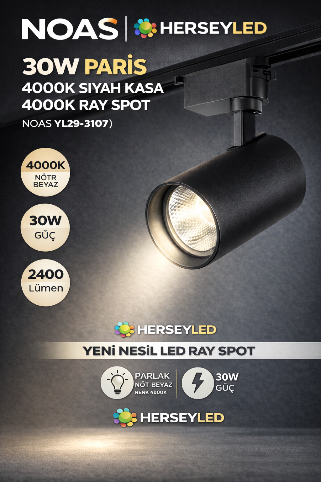 NOAS 30W PARİS 4000K SİYAH KASA  4000K RAY SPOT- PARİS NOAS  YL29-3107