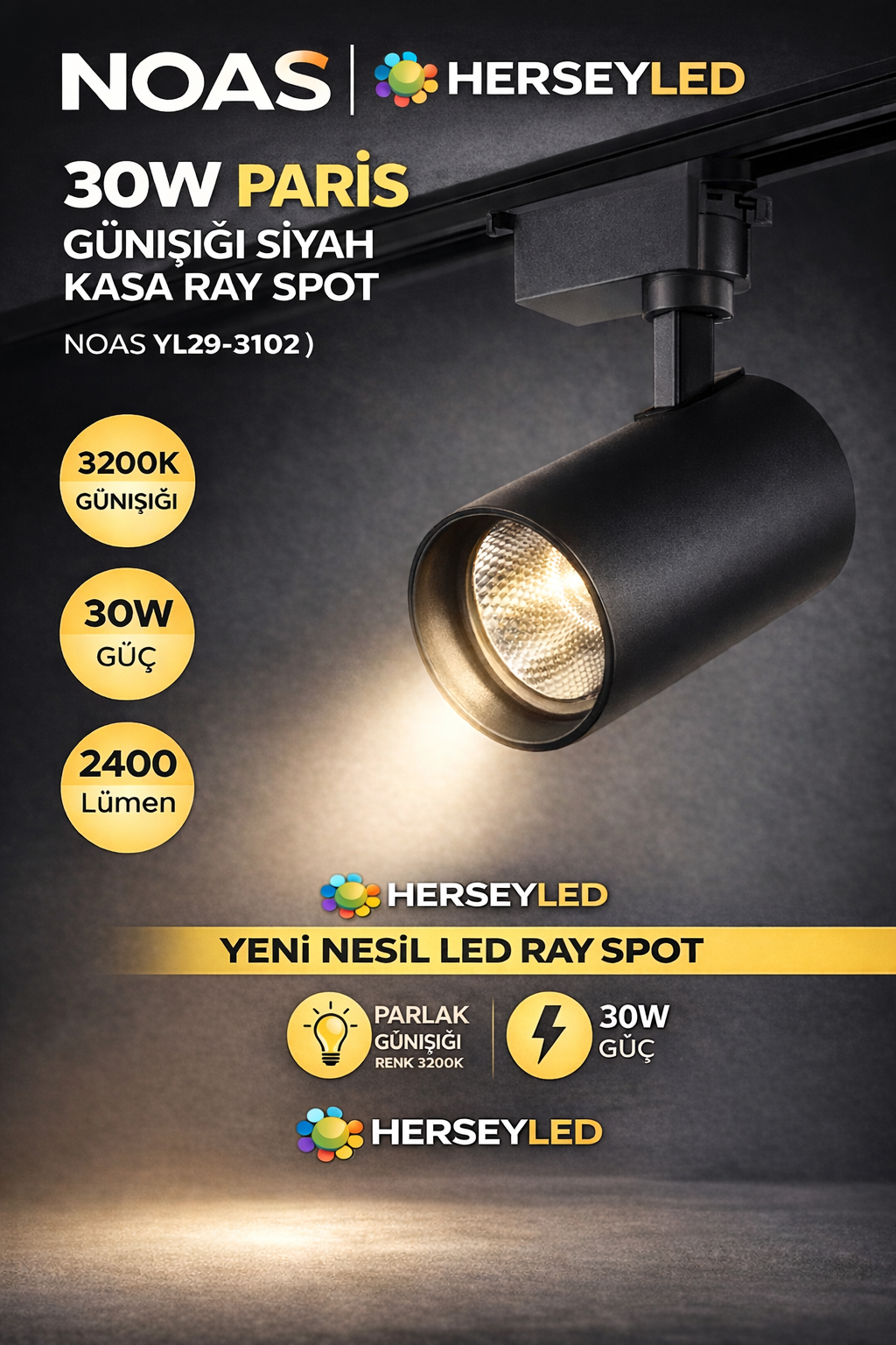 NOAS 30W PARİS GÜNIŞIĞI SİYAH KASA RAY SPOT NOAS YL29-3102