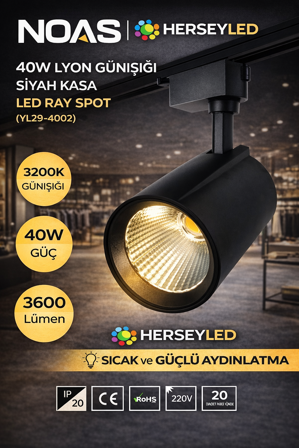 NOAS 40W LYON GÜNIŞIĞI SİYAH KASA LED RAY SPOT  YL29-4002