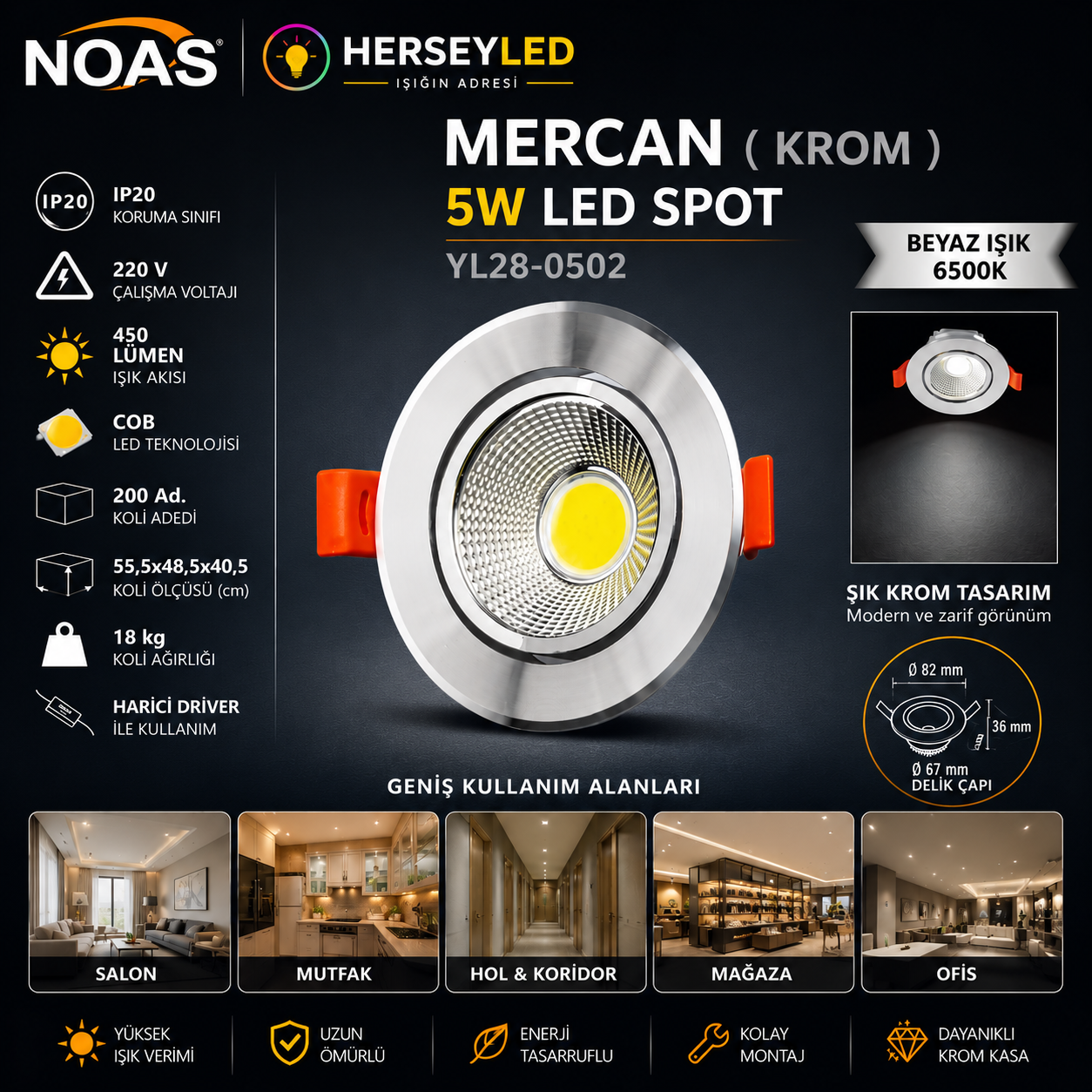 NOAS 5W COB LED SPOT MERCAN KROM KASA BEYAZ YL28-0502