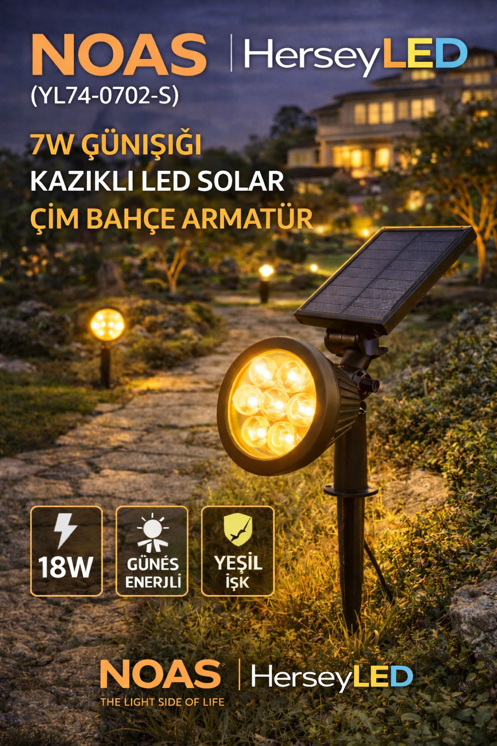 NOAS 7W GÜNIŞIĞI KAZIKLI LED SOLAR ÇİM BAHÇE ARMATUR Noas YL74-0702-S