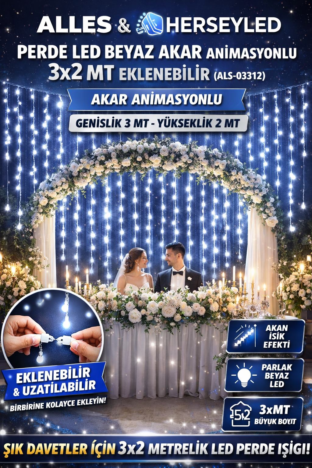 PERDE LED BEYAZ AKAR ANİMASYONLU 3X2 MT EKLENEBİLİR