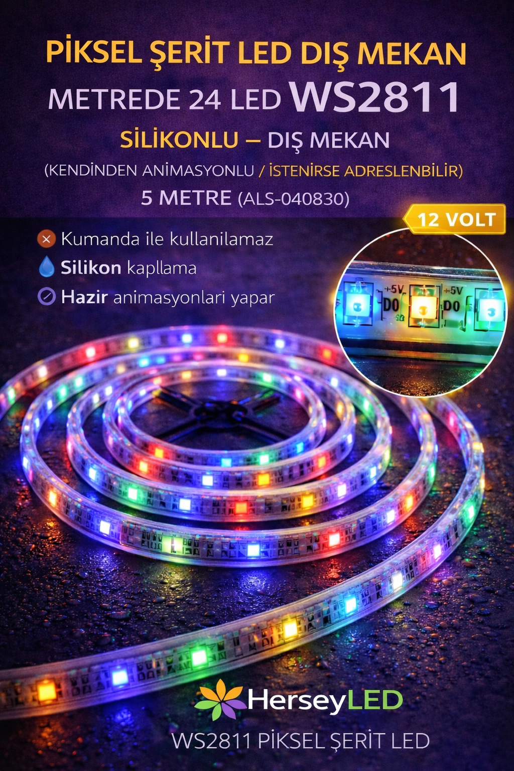 PİKSEL ŞERİT LED DIŞ MEKAN METREDE 24 LED WS2811 KENDİNDEN ANİMASYONLU ( İSTENİRSE ADRESLENBİLİR ) 5 METRE